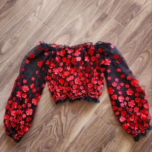 Sheer Top W/Red Flowers